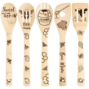Wooden Spoons Utensils Set Bee Theme Carve Burned Bamboo Cooking Gadgets